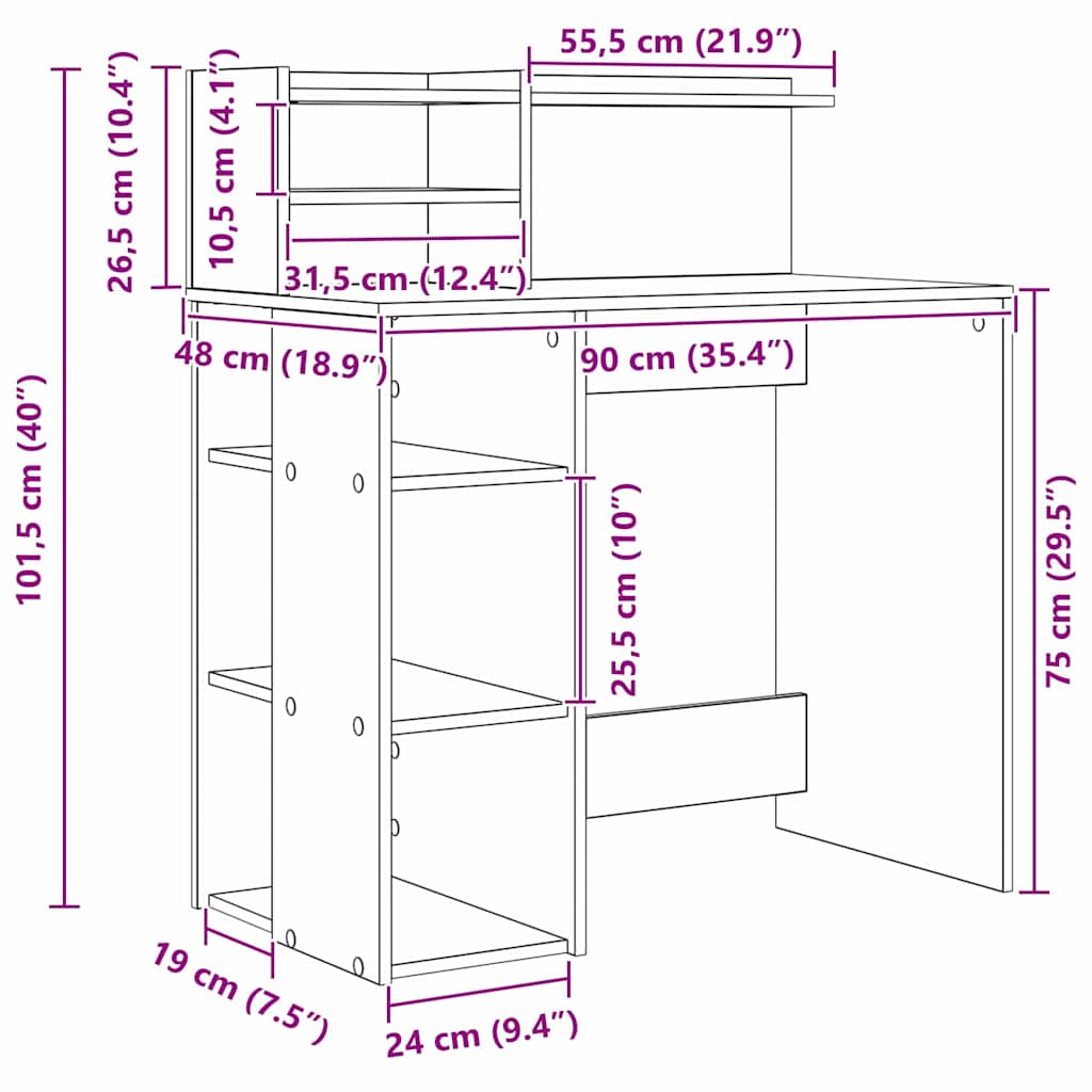 Bord med hylde Hvid 90 x 48 x 101,5 cm Konstrueret træ