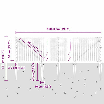 Sekskantet hegn med stolpe 100 x 0,6 m Galvaniseret stål Sølv