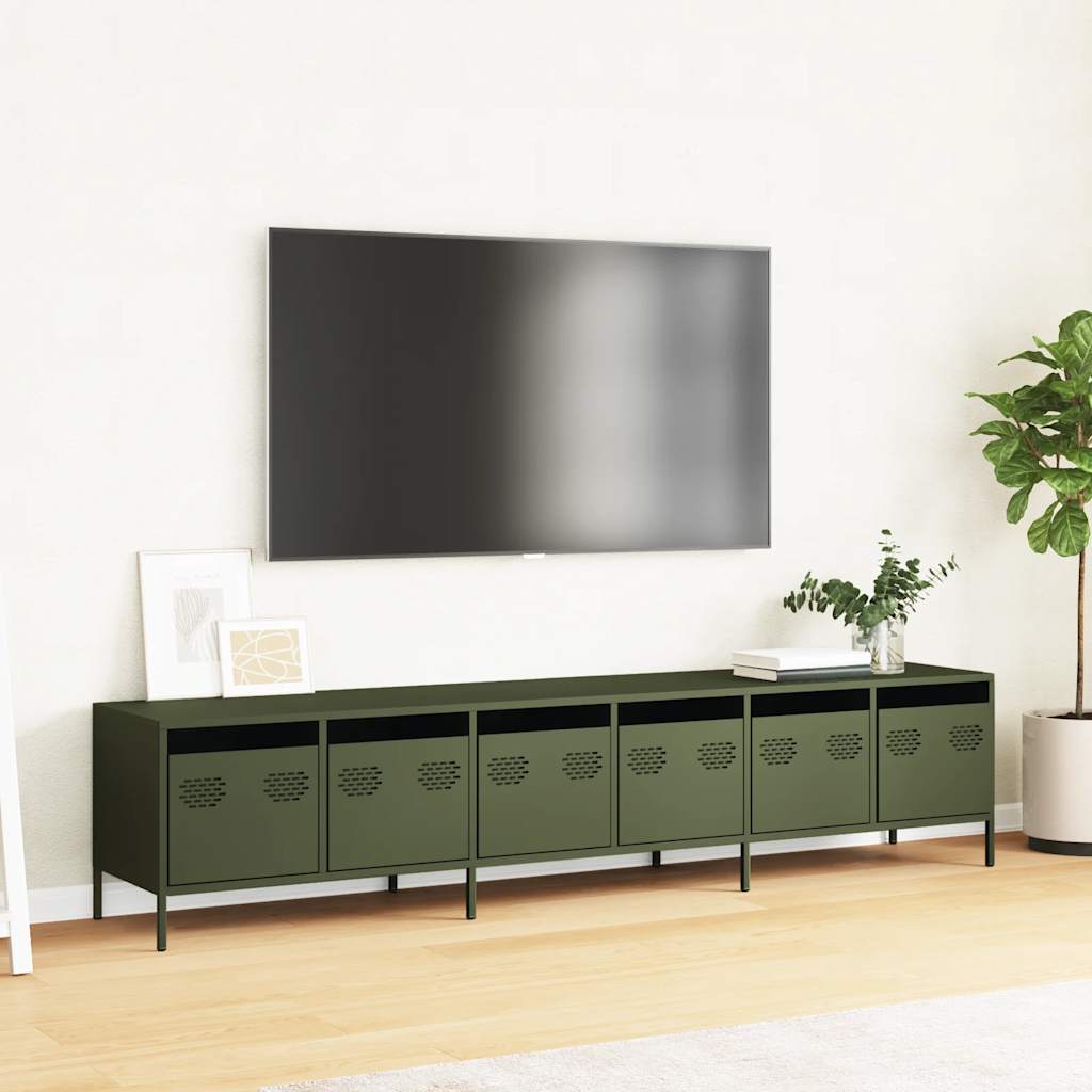 tv-bord 202x39x43,5 cm koldvalset stål olivengrøn'