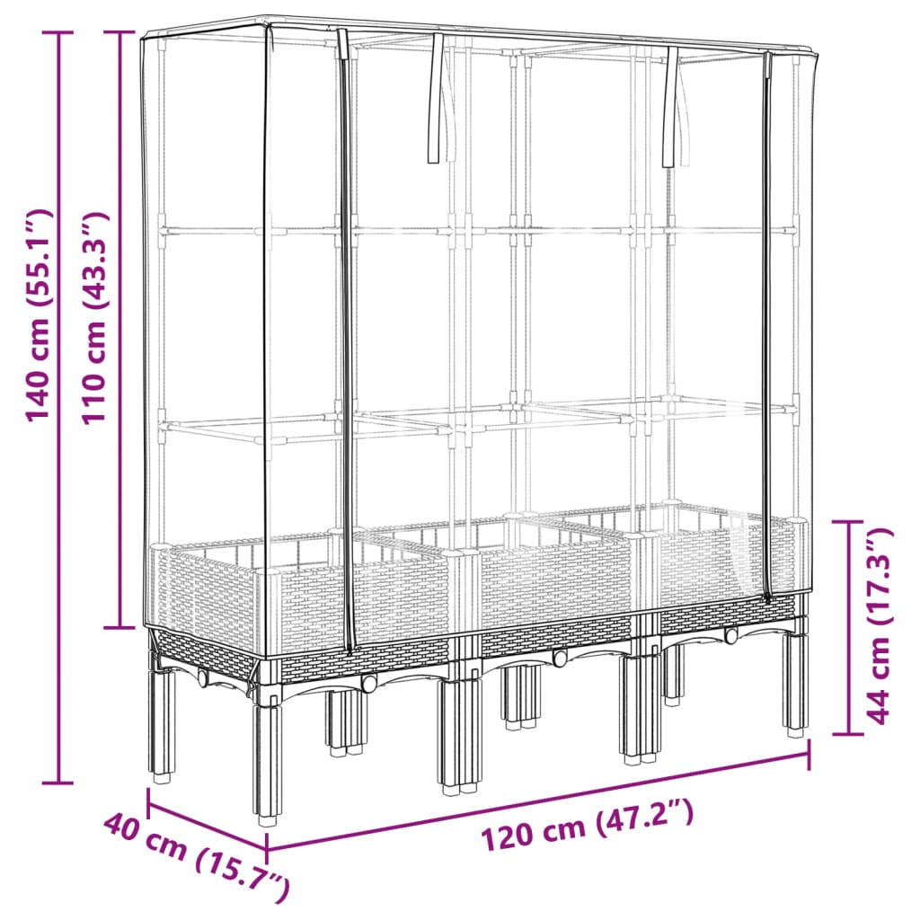 højbed med drivhusovertræk 120x40x140 cm rattan-look