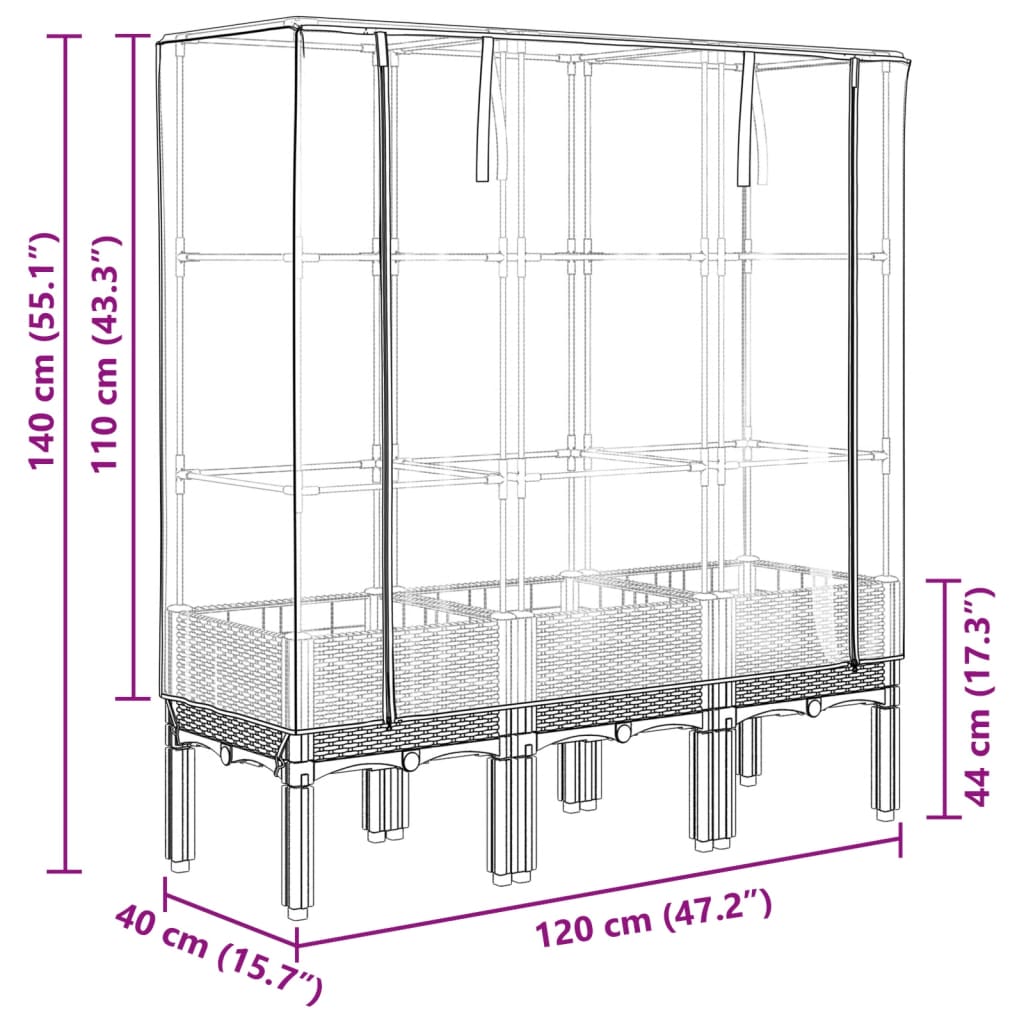højbed med drivhusovertræk 120x40x140 cm rattan-look