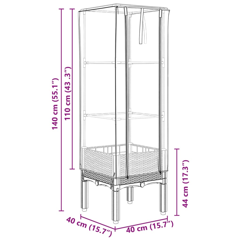 højbed med drivhusovertræk 40x40x140 cm rattan-look