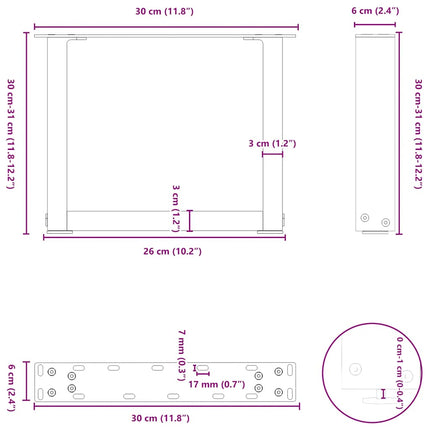 sofabordsben U-formet 2 stk. hvid 30x(30-31) cm stål