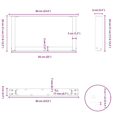 sofabordsben U-formet 2 stk. sort 60 x (30-31) cm stål