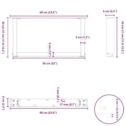 sofabordsben U-formet 2 stk. antracit 60x(30-31) cm stål