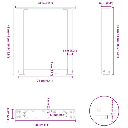 sofabordsben U-formet 2 stk. naturstål 28 x (42-43) cm stål