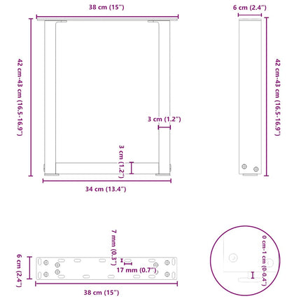 sofabordsben U-formet 2 stk. naturstål 38 x (42-43) cm stål