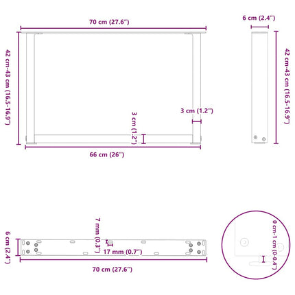 sofabordsben U-formet 2 stk. sort 70 x (42-43) cm stål