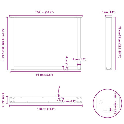 spisebordsben U-formet 3 Stk. sort 100x(72-73) cm stål