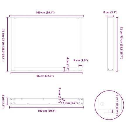 spisebordsben U-formet 3 Stk. hvid 100x(72-73) cm stål