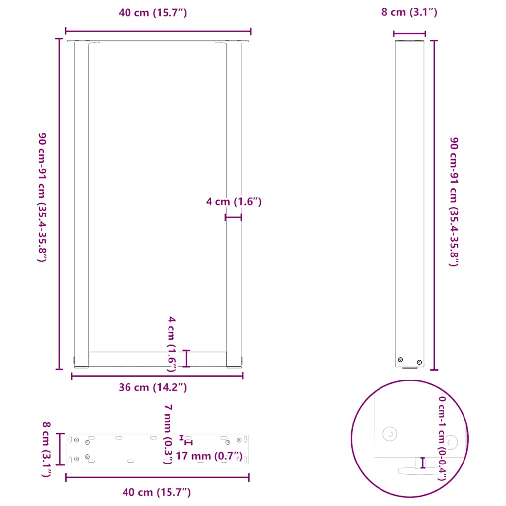 barbordsben U-formet 2 stk. naturstål 40x(90-91) cm stål