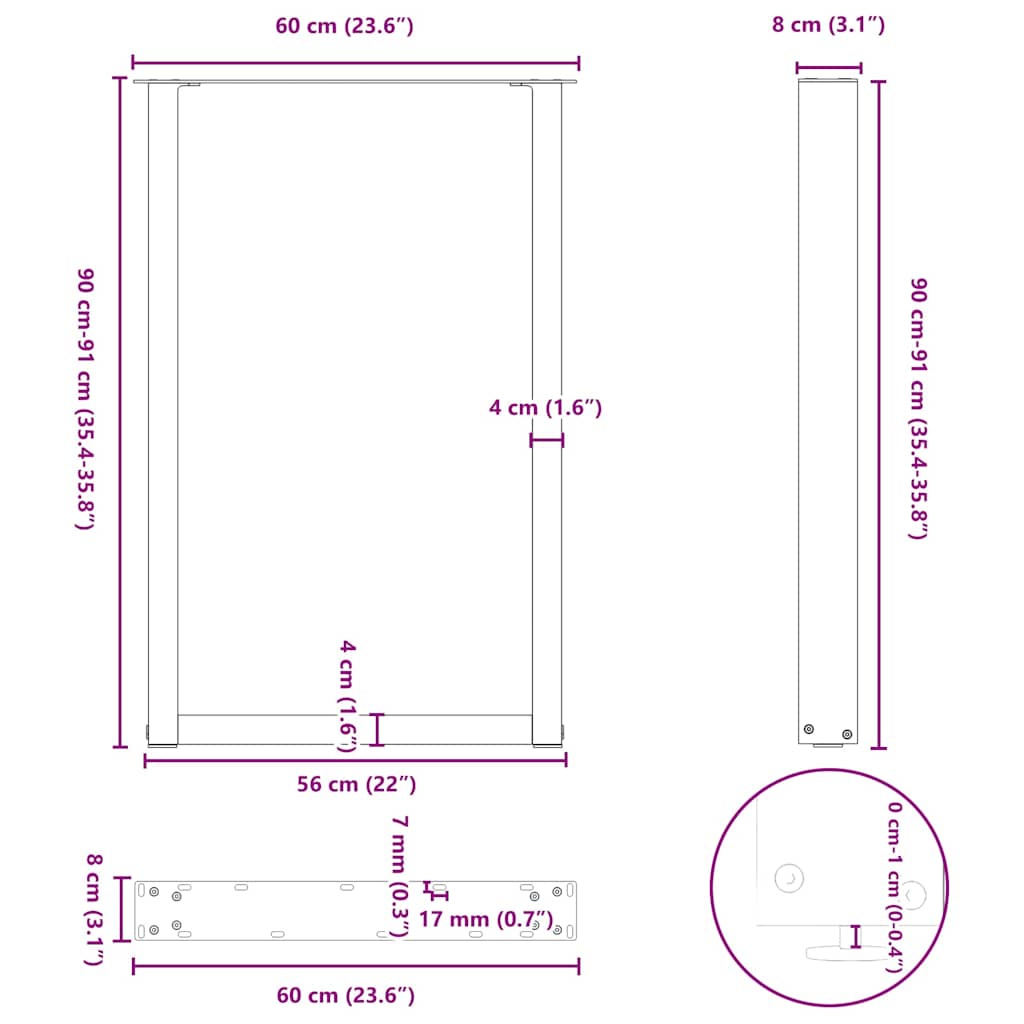 barbordsben U-formet 2 stk. naturstål 60x(90-91) cm stål