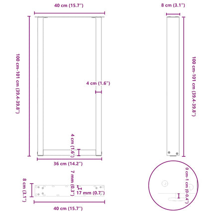 barbordsben U-formet 2 stk. antracit 40x(100-101) cm stål