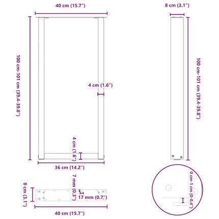 barbordsben U-formet 2 stk. naturstål 40x(100-101) cm stål