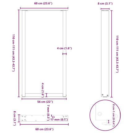 barbordsben U-formet 2 stk. naturstål 60x(110-111) cm stål