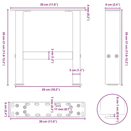 sofabordsben naturstål 2 stk. 30x(30-31) cm stål