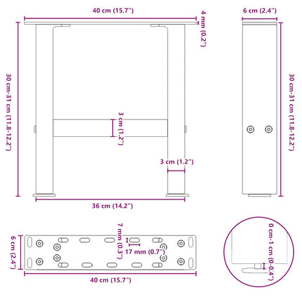 sofabordsben naturstål 2 stk. 40x(30-31) cm stål