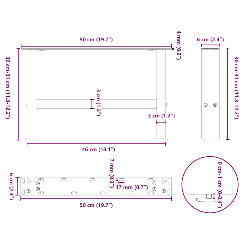 sofabordsben sort 2 stk. 50x(30-31) cm stål