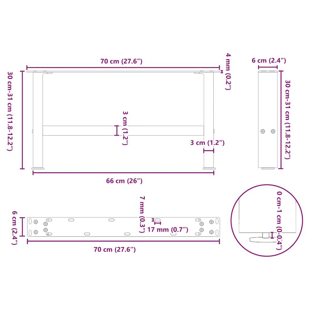 sofabordsben sort 2 stk. 70x(30-31) cm stål