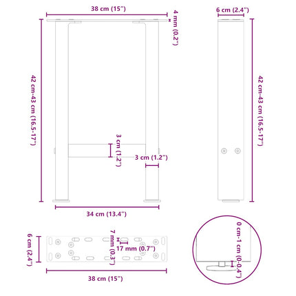 sofabordsben naturstål 2 stk. 38 x (42-43) cm stål