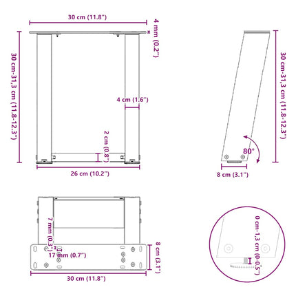 sofabordsben U-formet 2 stk. hvid 30x(30-31) cm stål