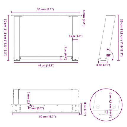 sofabordsben U-formet 2 stk. naturstål 50x(30-31) cm stål