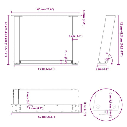 sofabordsben U-formet 2 stk. sort 60 x (42-43) cm stål