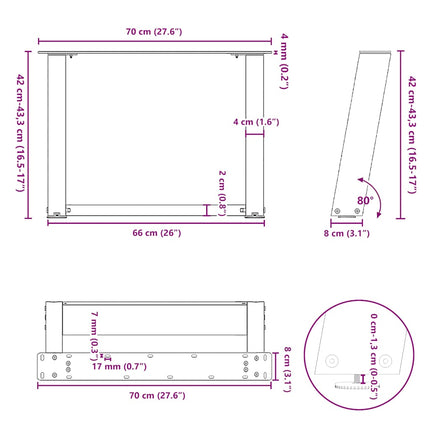 sofabordsben U-formet 2 stk. hvid 70 x (42-43) cm stål