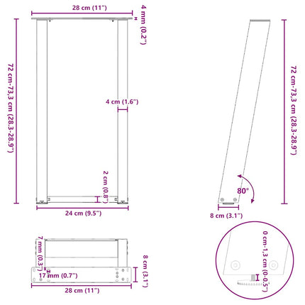 konsolbordben U-formet 2 stk. sort 28 x (72-73) cm stål