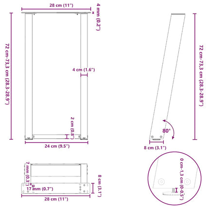 konsolbordben U-formet 2 stk. hvid 28 x (72-73) cm stål