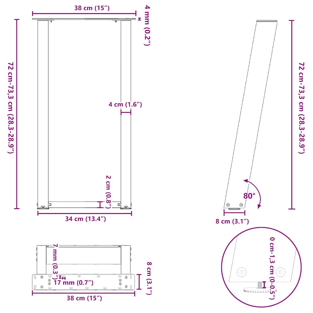 konsolbordben U-formet 2 stk. hvid 38 x (72-73) cm stål