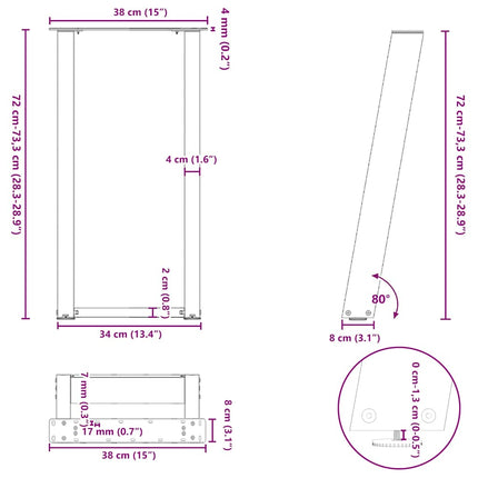 konsolbordben U-formet 2 stk. antracit 38 x (72-73) cm stål