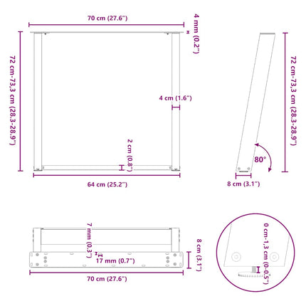 spisebordsben U-formet 2 stk. hvid 70 x (72-73) cm stål