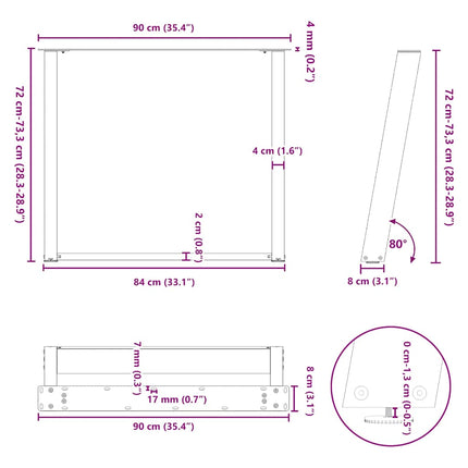 spisebordsben U-formet 2 stk. naturstål 90 x (72-73) cm stål