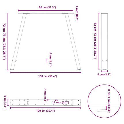 spisebordsben A-formet 2 stk. antracit 100x(72-73) cm stål