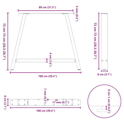 spisebordsben A-formet 2 stk. 100x(72-73) cm stål