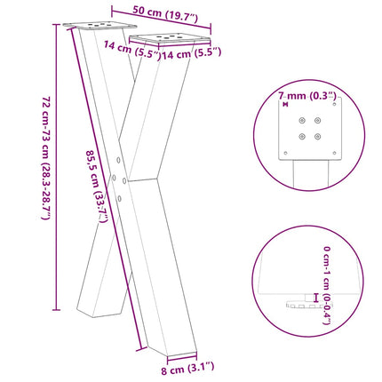 spisebordsben X-formet 2 stk. naturstål 50x(72-73) cm stål