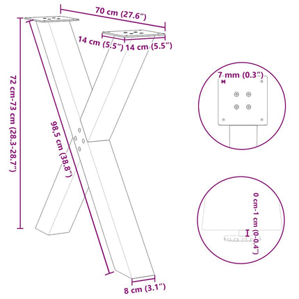 spisebordsben X-formet 2 stk. sort 70 x (72-73) cm stål