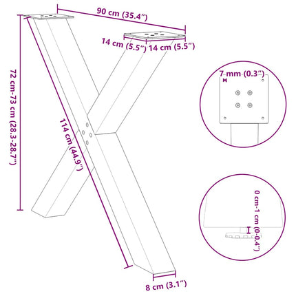 spisebordsben X-formet 2 stk. naturstål 90x(72-73) cm stål