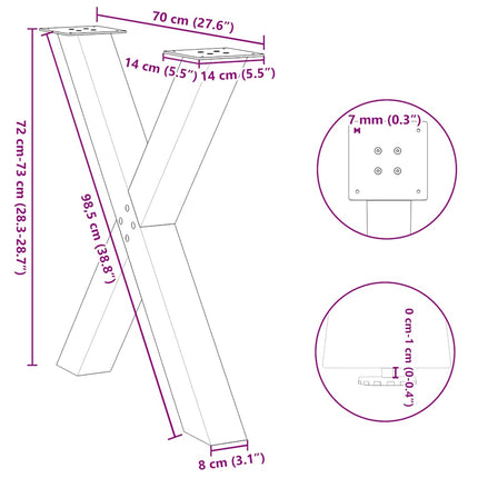 spisebordsben X-formet 3 stk. sort 70 x (72-73) cm stål