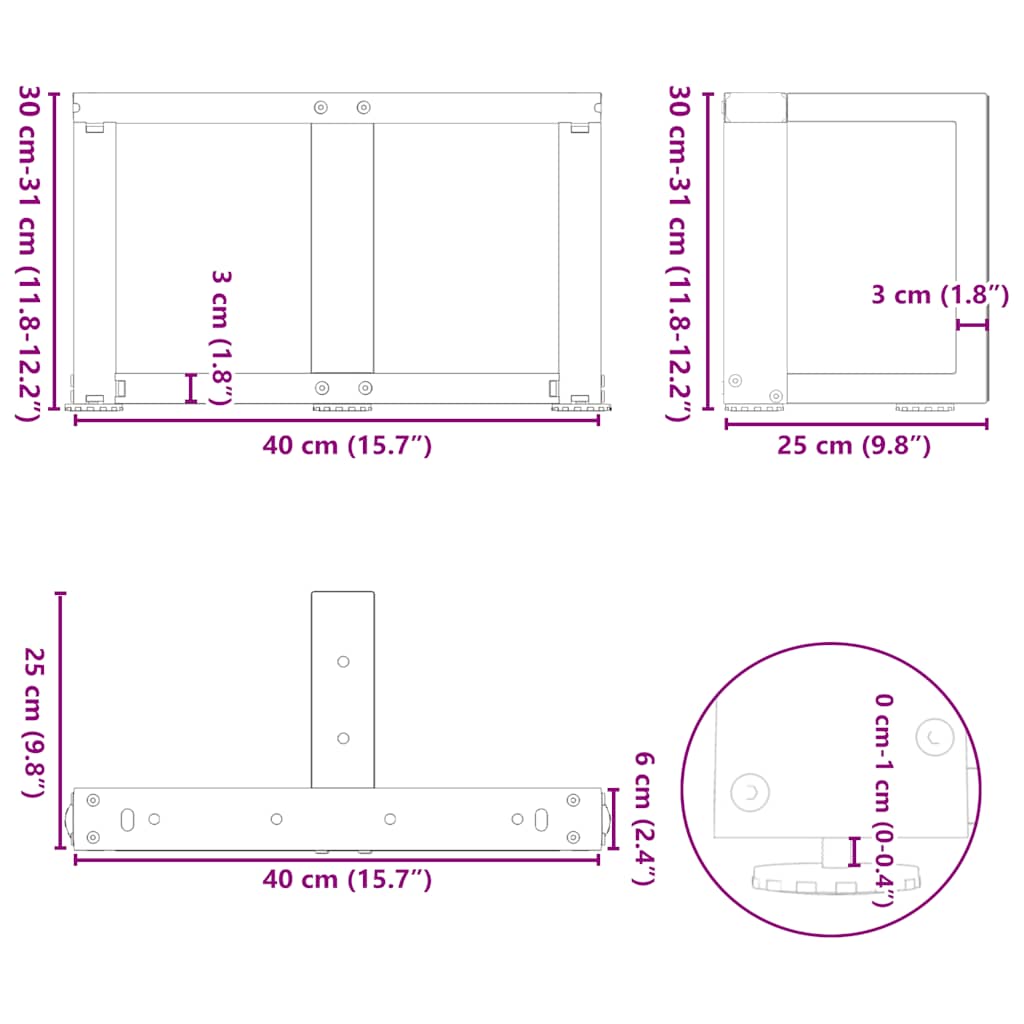 sofabordsben T-formet 2 stk. antracit 40x25x(30-31) cm stål