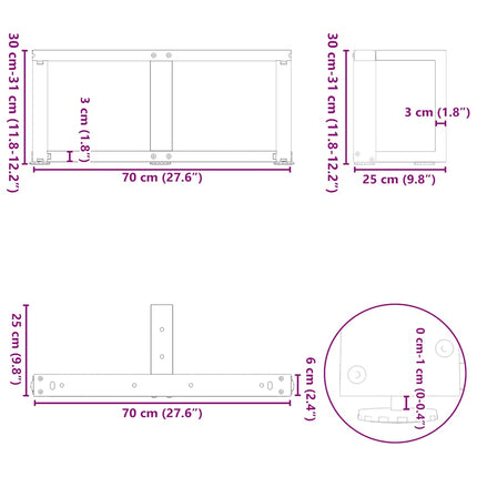 sofabordsben T-formet 2 stk. sort 70x25x(30-31) cm stål