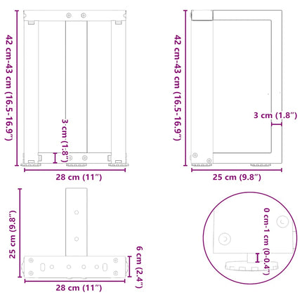 sofabordsben T-formet 2 stk. antracit 28x25x(42-43) cm stål