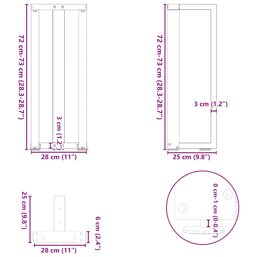 konsolbordben T-formet 2 stk. hvid 25x28x(72-73) cm stål