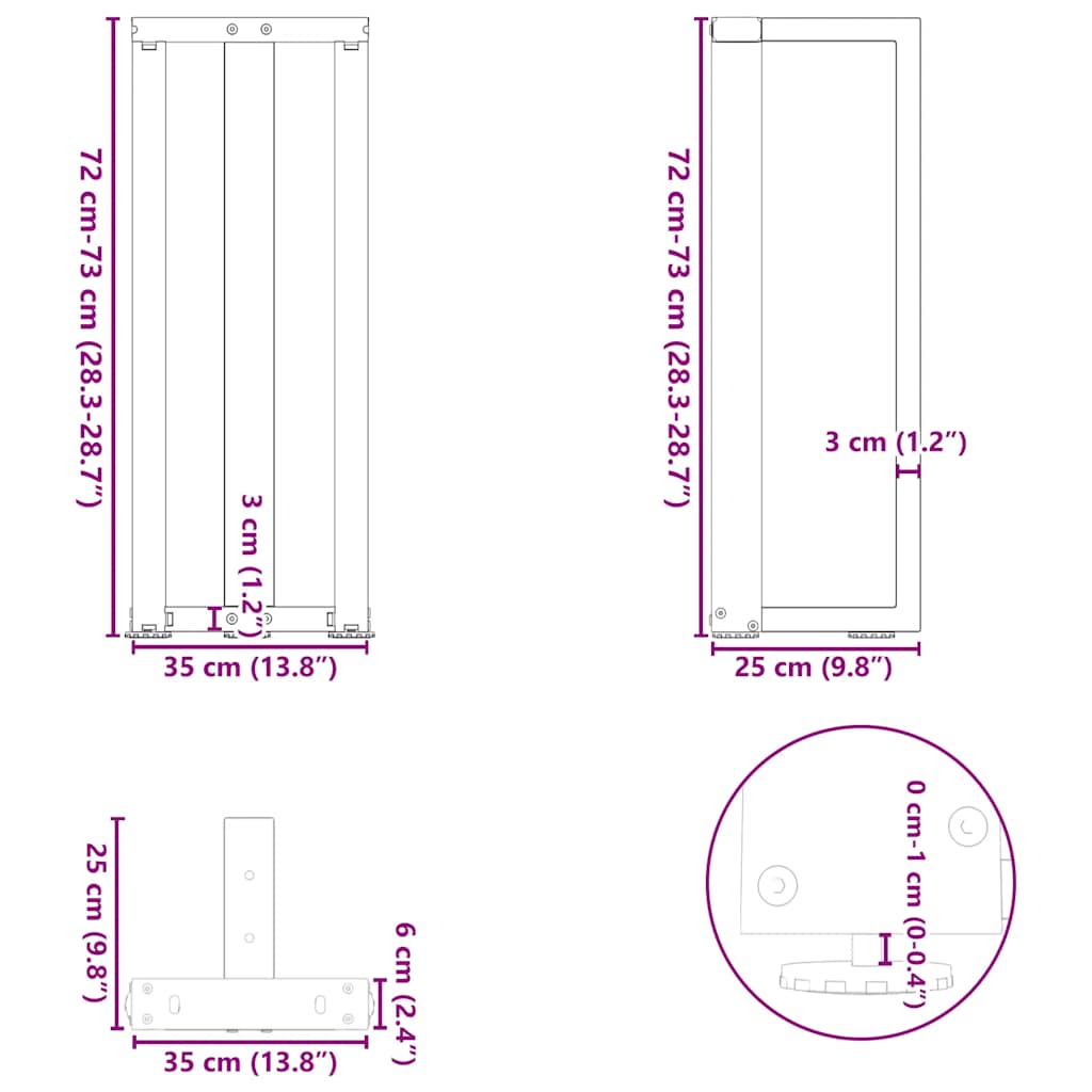 konsolbordben T-formet 2 stk. hvid 38x25x(72-73) cm stål