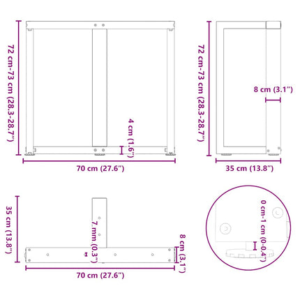 spisebordsben T-formet 2 stk. hvid 70x35x(72-73) cm stål