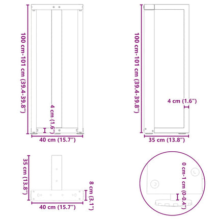 barbordsben T-formet 2 stk. antracit 40x35x(100-101) cm stål