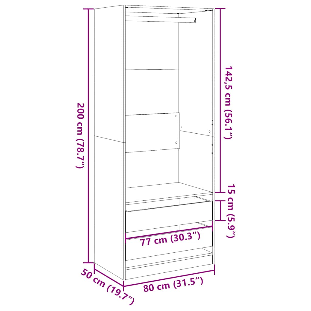 klædeskab 80x50x200 cm konstrueret træ betongrå