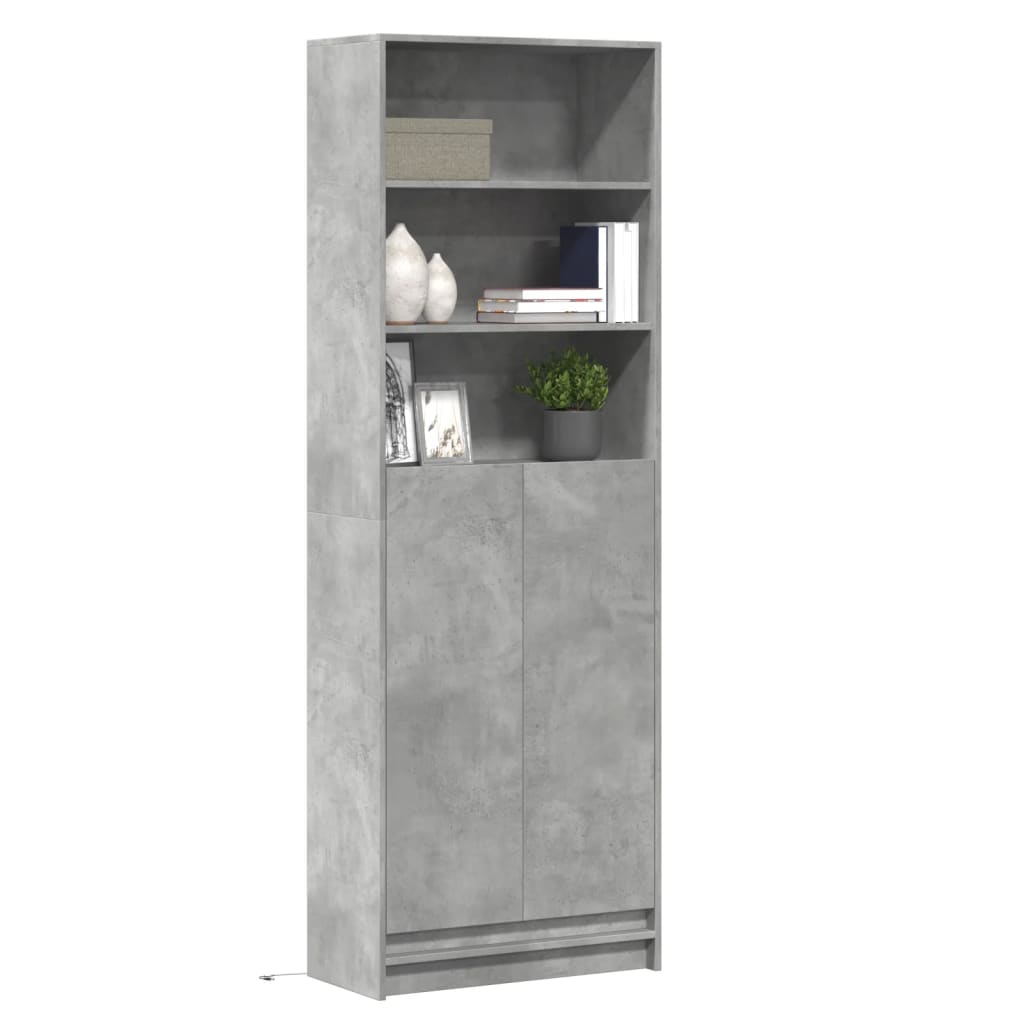 skab med LED-lys 69x32,5x200 cm konstrueret træ betongrå