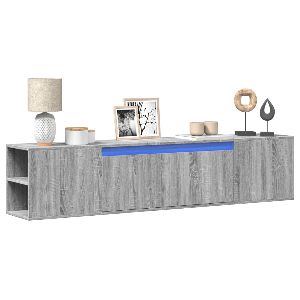 væghængt tv-bord med LED-lys 180x31x39,5 cm grå sonoma-eg